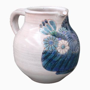 French Ceramic Pitcher with Flower Motif by the Cloutier Brothers, 1970s