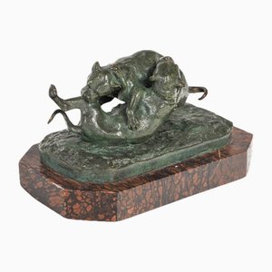 Sculpture En Bronze Napoléon II de Deux Chiens Jouant Sur Un Socle En Marbre
