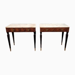 Italian Art Deco Marquetry Marble Top Bedside Tables, 1950s, Set of 2