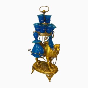 Gold Metal and Blue Opaline Liquor Service on Camel Stand, Set of 15