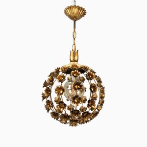 Hollywood Regency Style Gilt Metal Floral Sphere Pendant Light, Italy, 1970s