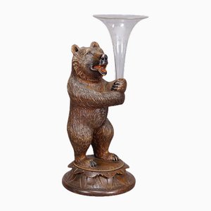 Wooden Carved Black Forest Bear with Glass Vase, 1920s