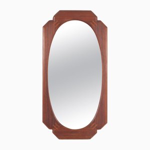 Mid-Century Oval Wall Mirror with Geometric Wooden Frame, Italy, 1960s
