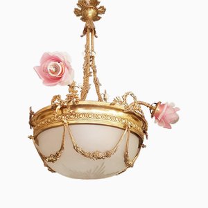 Lampadario Art Deoc, Francia, con paralumi Vianne rosa satinato