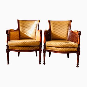 Sedie Bergère in stile Luigi XVI in legno e canna, Francia, set di 2