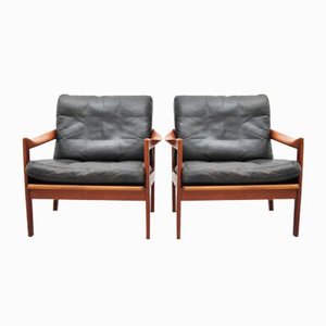 Vintage Easy Chairs in Teak and Black Leather for Niels Eilersen by Illum Wikkelsø, Set of 2