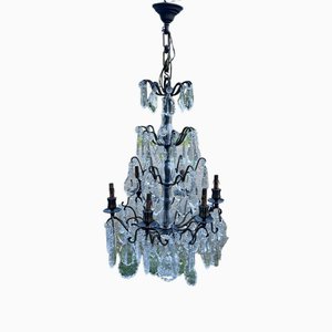 6-Light Chandelier in Bronze and Cut Crystal, Early 20th Century