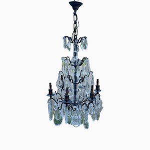 Lustre à 6 Lumières en Bronze et Cristal Taillé, Début du 20ème Siècle
