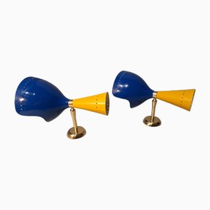 Wall Lamps in Blue and Yellow Double Cone Brass in the style of Stilnovo, 1950s, Set of 2