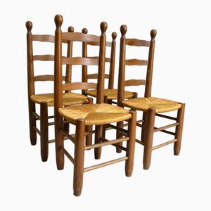 Vintage French Chairs in Oak and Straw, 1950, Set of 4
