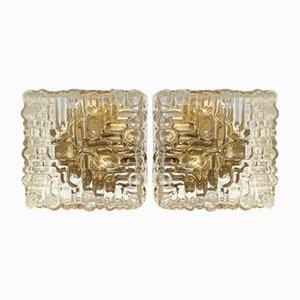 Square Molded Clear Glass and Gold Varnished Iron Wall Lights, 1970s, Set of 2