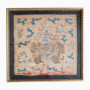 19th Century Chinese Silk Textile Embroidery with Elephant in Gold Thread