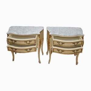 Antique Spanish Nightstands with Drawers White Marble Top and Brass, 19th Century, Set of 2