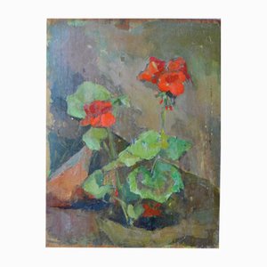 JB Thierry, Komposition mit roten Blumen, Öl auf Holz, 1952