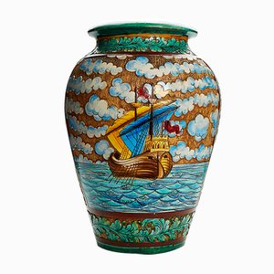 Ceramic Umbrella Holder Vase in Relief with Decorated Navy, 1952