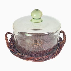 Serving Tray Cloche Plate Bell in Rattan and Glass, Italy, 1970s