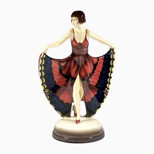 Art Deco Tänzerin im Schmetterlingskleid Josef Lorenzl für Goldscheider zugeschrieben, 1928