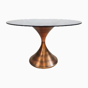 Vintage Italian Round Brass Dining Table with Smoked Glass Top, 1970s