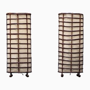 Rustic Rattan and Linen Lamps, France, 1970s, Set of 2