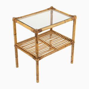 Mid-Century Side Table in Bamboo, Rattan and Glass, Italy, 1970s