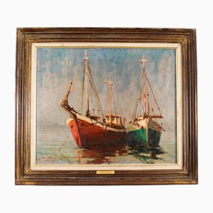 Harold Edward Collin, Fishing Boats, 1960s, Vintage Oil Painting, Framed