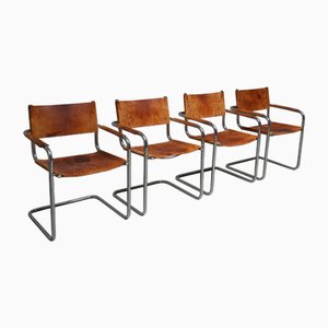 Dining Chairs B 34 in Patinated Leather attributed to Mart Stam, Italy, 1970s, Set of 4