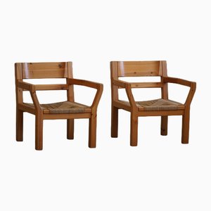 Brutalist Modern Danish Chairs in Pine & Cord from Tage Poulsen, 1972, Set of 2