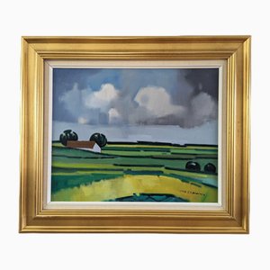 Barn on the Horizon, Oil Painting, 1950s, Framed