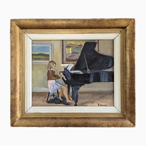 The Young Pianist, Oil Painting, 1950s, Framed