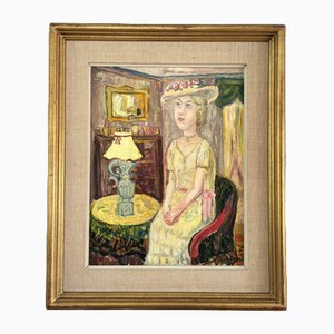 Dama de amarillo, pintura al óleo, años 50, enmarcado