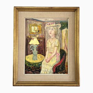 Lady in Yellow, Oil Painting, 1950s, Framed
