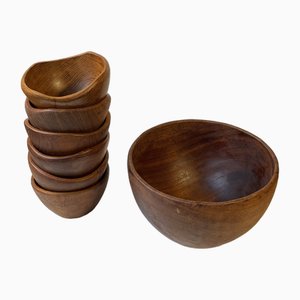 Moderne handgedrechselte skandinavische Teak Salatschalen von Esa, 1960er, 7er Set