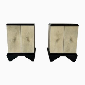 Italian Art Deco Parchment and Black Lacquer Nightstands, 1930s, Set of 2
