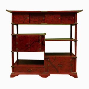 Japanese Red Lacquered Shodana Cabinet with Cherry Blossoms, 1880s