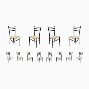 Mid-Century Living Room Chairs in Black Lacquered Wood and Rope, Italy, 1960s, Set of 12