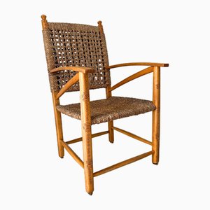 Modernist Carved Wooden Chair with Woven Rope Seat and Back, Netherlands, 1930s