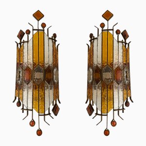 Large Italian Hammered Glass and Wrought Iron Sconces from Longobard, 1970s, Set of 2