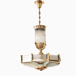 French Art Deco Bronze and Glass Ceiling Light from Atelier Petitot, 1930s