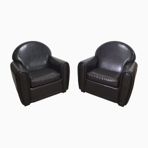 Art Deco Club Leather Armchairs, Euope, 1970s, Set of 2