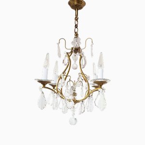 Antique French Brass Chandelier with Crystals, 1940