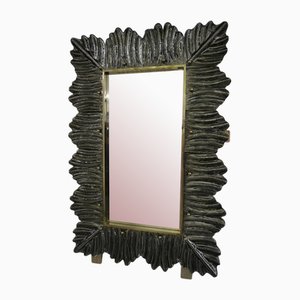 Mid-Century Murano Amber Fume Color Glass and Brass Wall Mirror
