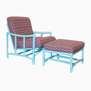 Lacquered Bamboo Armchair and Stool, 1970s, Set of 2