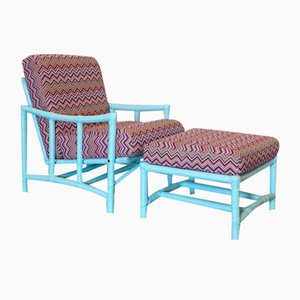 Set of Lacquered Bamboo Armchair and Stool, 1970s