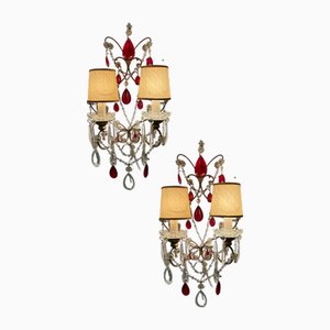 Ruby Red Crystal Beaded Sconces, 1940s, Set of 2