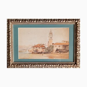 Italian Artist, Seashore Landscape with a Village, 19th or 20th Century, Watercolor, Framed