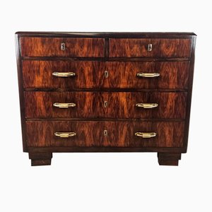 Art Deco Five-Drawer Chest of Drawers in Walnut and Mahogany with Brass Handles, 1940