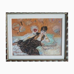 French or American Impressionist after Manet, Lady and Her Fans, 1920s, Pastel on Paper, Framed