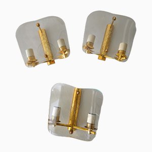 Mid-Century Italian Wall Sconces in Brass and Decorated Glass, 1950, Set of 3
