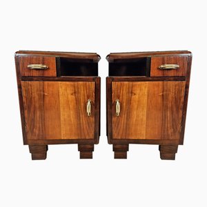 Art Deco Bedside Tables in Briar with Brass Handles, 1940, Set of 2