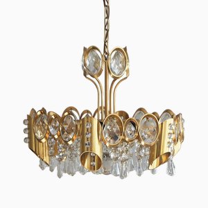 Hollywood Regency Deckenlampe aus Messing & Kristallglas von Palwa